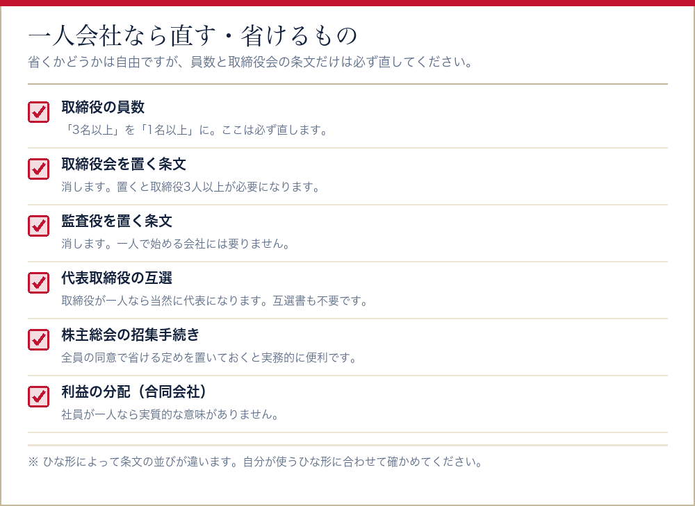 一人会社の定款で直す条文と省ける条文をまとめたチェックリスト
