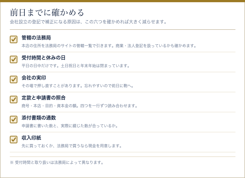 会社設立の登記を出しに行く前日までに確かめることのチェックリスト
