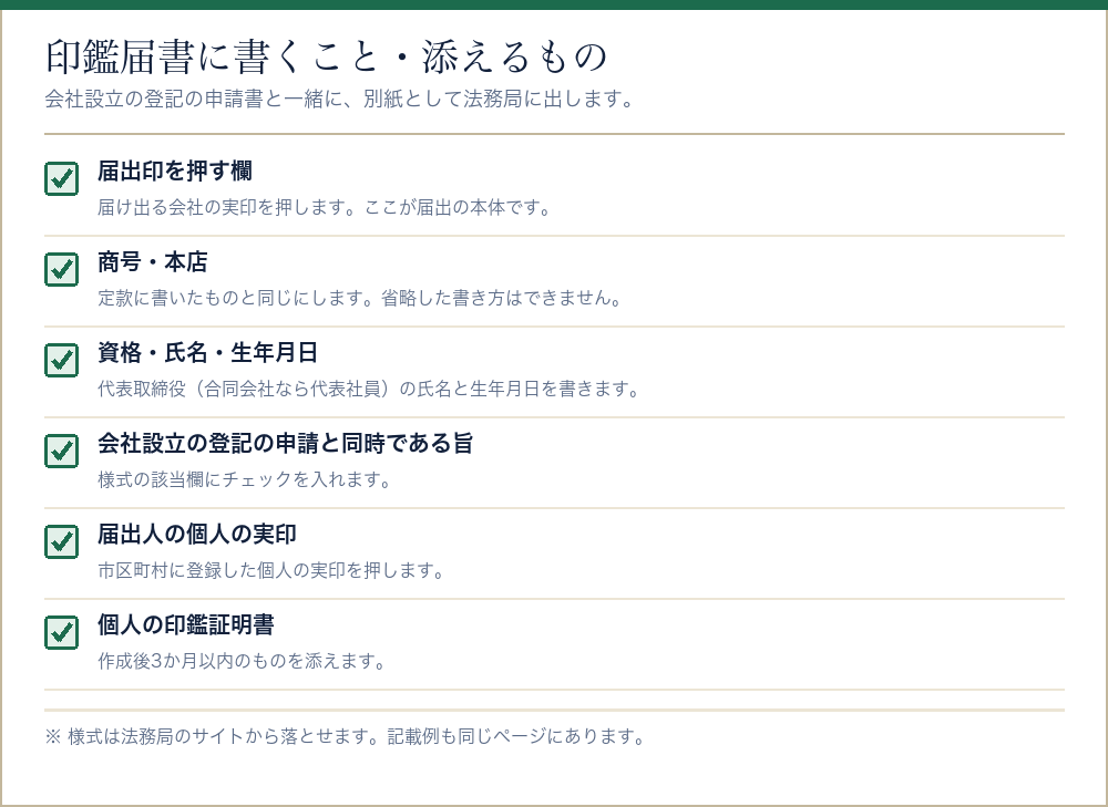 会社設立の印鑑届書に書くことと添えるものをまとめたチェックリスト