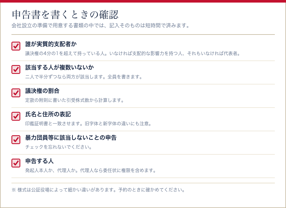 実質的支配者についての申告書を書くときの確認項目をまとめたチェックリスト