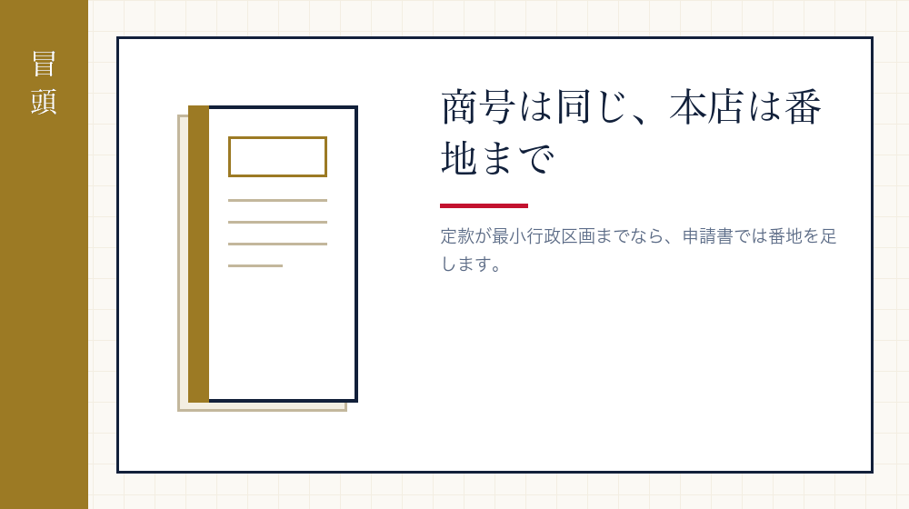 商号と本店——定款から写すが、書き方が少し違う