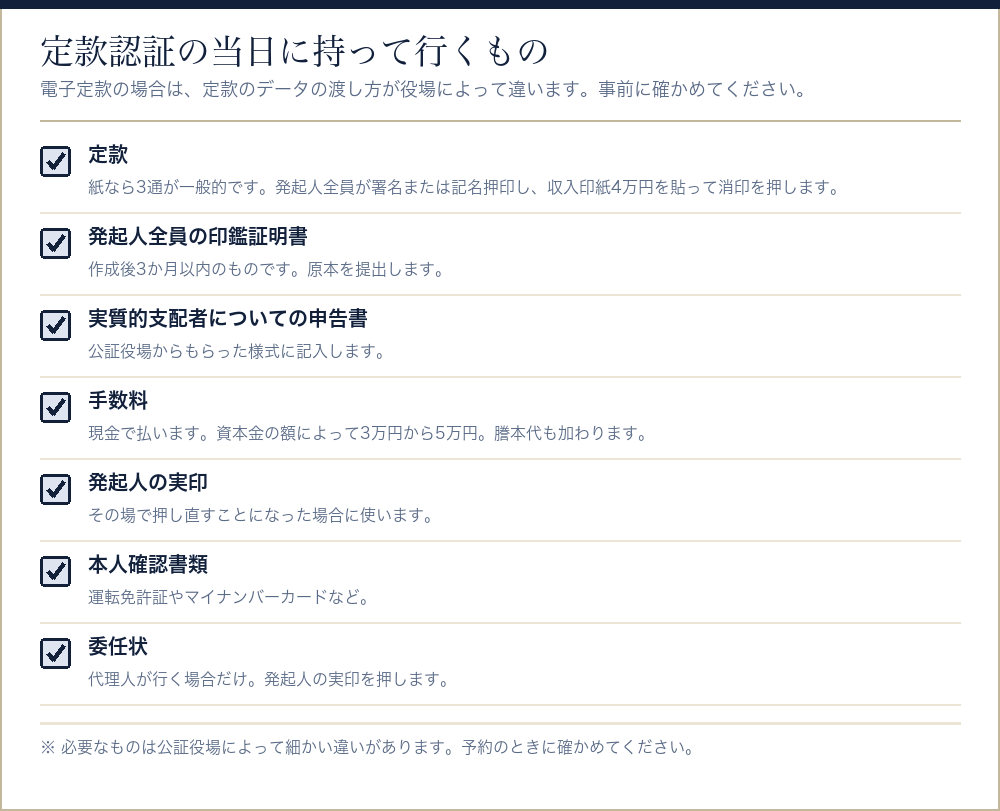 定款認証の当日に持って行くものをまとめたチェックリスト