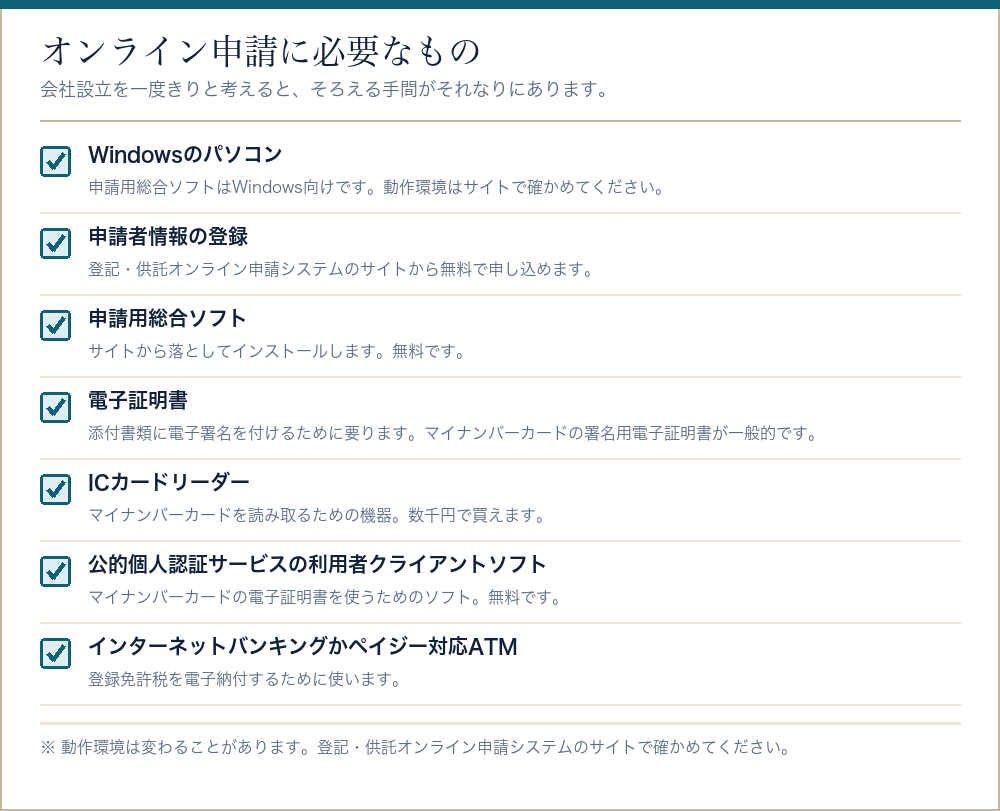 会社設立の登記をオンライン申請するために必要なもののチェックリスト