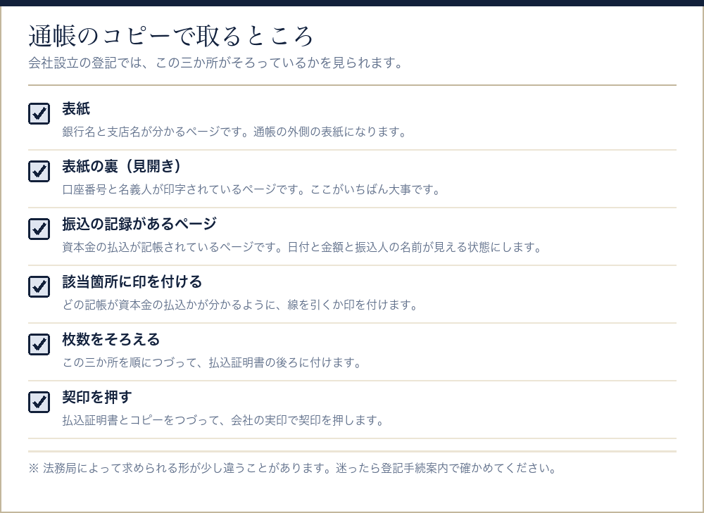 会社設立の払込証明書に添える通帳コピーで取るところをまとめたチェックリスト