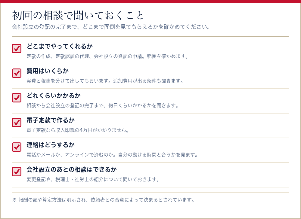 会社設立を司法書士に相談するときに聞いておくことをまとめたチェックリスト
