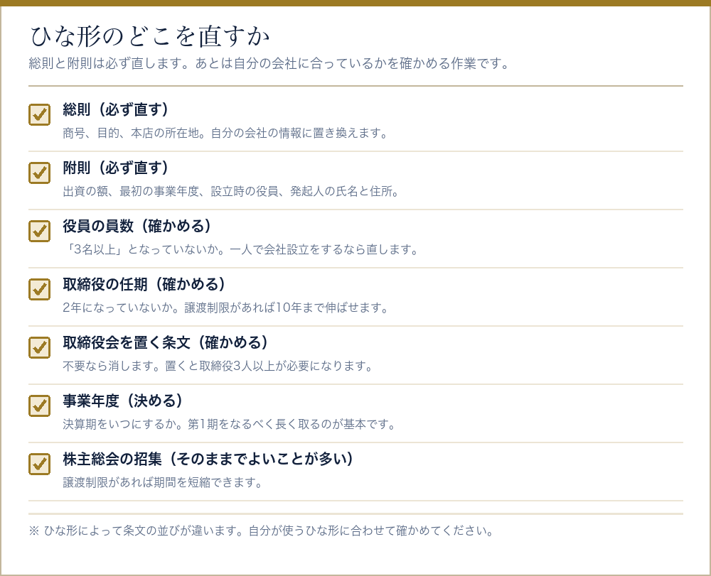 定款のひな形でどこを直すかをまとめたチェックリスト