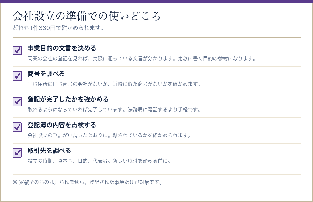 会社設立の準備で登記情報提供サービスが役に立つ場面をまとめたチェックリスト